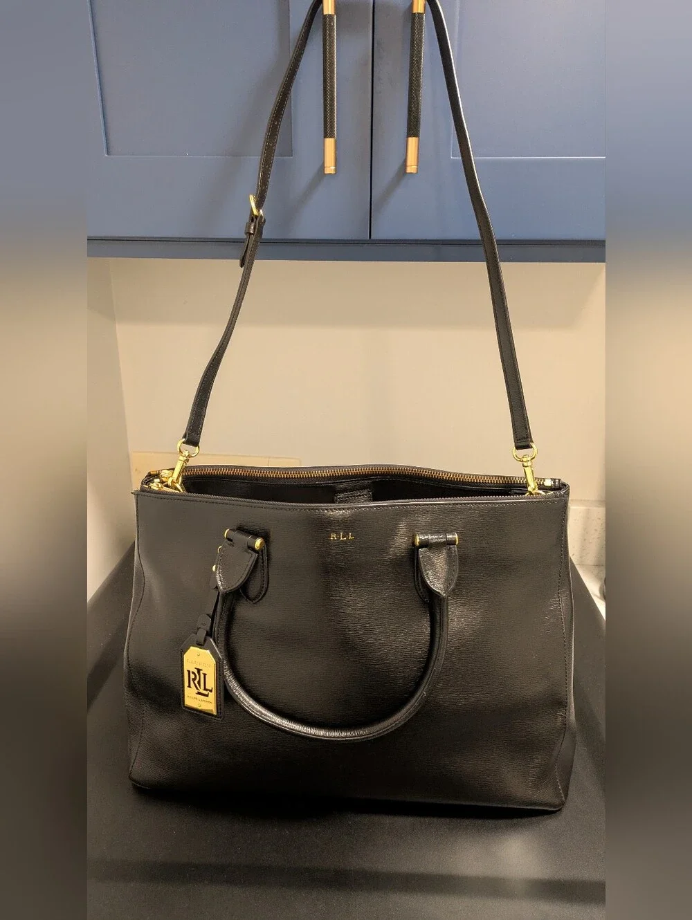 Black Ralph Lauren Tote Bag with Gold Accents